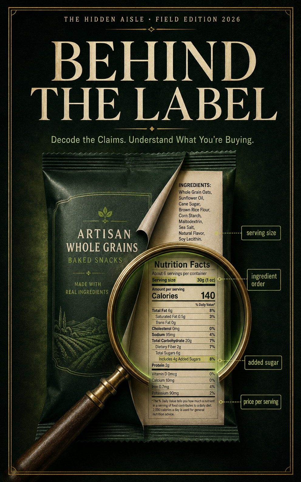 Cover artwork for Behind the Label: a dark green food pouch with its label peeled back, read through a brass magnifying glass.