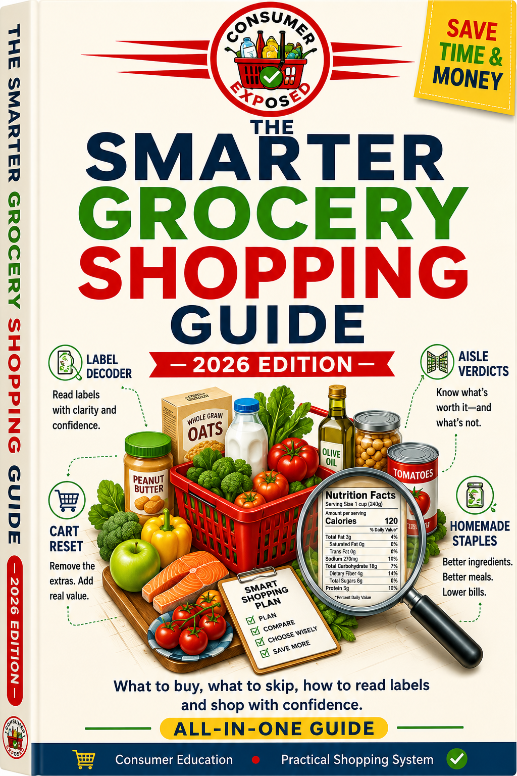 Cover of The Smarter Grocery Shopping Guide, 2026 Edition: a red grocery basket of fresh produce and pantry staples with a magnifying glass over a nutrition facts panel.